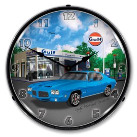 1971 Pontiac GTO at Gulf Station LED Wall Clock, Retro/Vintage, Lighted, 14 inch