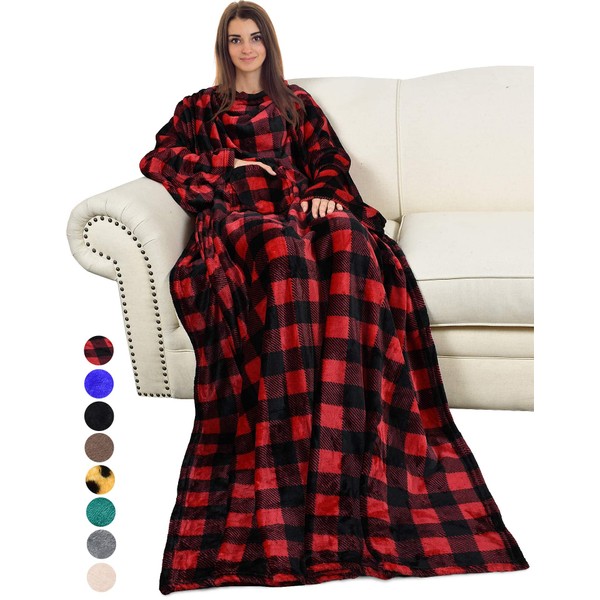Catalonia Classy Tartan Wearable Snuggle Blanket with Sleeves and Pocket,
