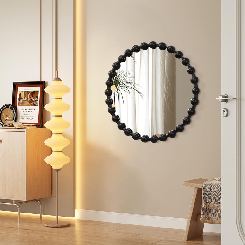 AAZZKANG Black Round Wall Mirror Metal Framed Beaded Mirrors Decorative