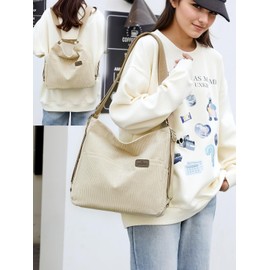 RUNSOON Corduroy Tote Bag for Women Convertible Backpack Purse Crossbody Hobo Shoulder Bag with Multi Pockets Compartments, Beige