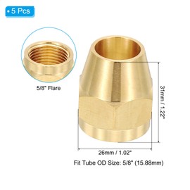 PATIKIL 5/8" Brass Flare Nut, 5Pcs 45 Degree Short Flare Tube Fitting Pipe Fittings for Air Conditioner, Water, Air, Oil, Gas Line, Brass Tone