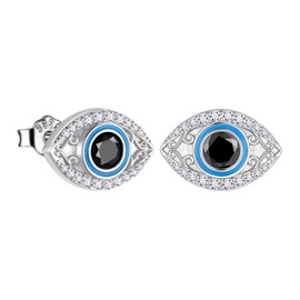 Jewmon Evil Eye Earrings for Women 925 Sterling Silver Cubic Zirconia Enamel Blue Turkish Eye Stud Earrings Protection Evil Eye Jewelry FE0226W