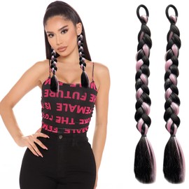 2 Pcs Synthetic Long Twist Braid Ponytail Extensions rubber band Fake Braid Ponytail Braided for Women Girls Daily Wear Hair Accessories (Sakura Pink)