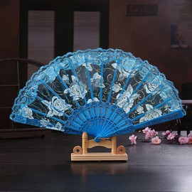 Wedding Fan Lace Hand Fan Spanish Baroque Victorian Folding Fan Vintage Women Men Folding Fans Fan for Wedding Gift Party Costume Carnival Dance Fancy Dress Blue