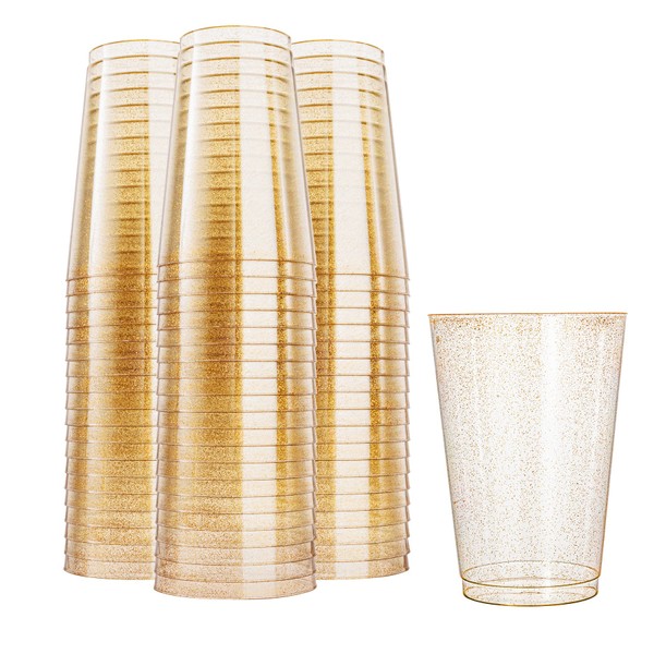 N9R 100pcs 12oz Gold Plastic Cups, Gold Glitter Plastic Cups Disposable, Elegant Wedding Cups and Party Cups