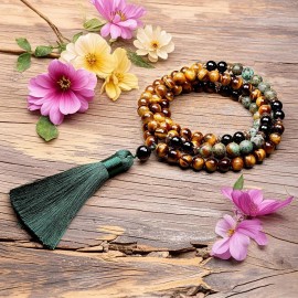 Unbranded 108 Mala Beads African Turquoise Tiger Eye Obsidian Prayer Bracelet with Tassel