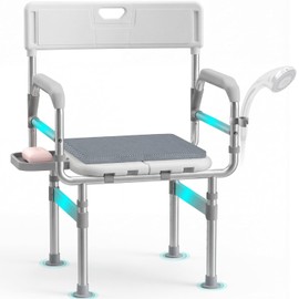 Folding Shower Chair for Inside Shower, Tub and Bathroom 440lb Weight Capacity - Height Adjustable Foldable Shower Chair for Elderly and Disabled - XXL Shower Seat with Arms, Back, Cushion & Shelf