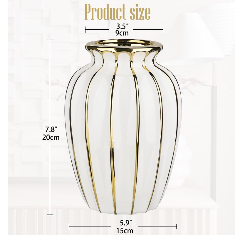 White & Gold Ceramic Flower Vase - 7.8" Modern Vertical
