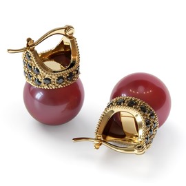 Lova Jewelry Pearl & Hematite Crystal Accent Crown Shape Clip on Hook Earrings for Wedding, Bridal, Formal & Fashion (Red/Gold)