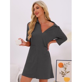 cheibear Womens Zipper Robes Waffle 3/4 Sleeves Bathrobe Knee Length Lightweight House Coat Short Sleepwear with Pockets Gray X-Large