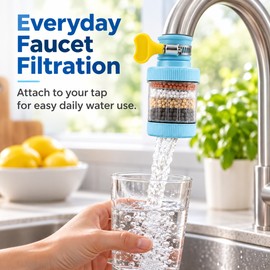 Faucet Water Filter for Kitchen Sink – Compact Clamp-On Tap Filtration Attachment with Filter Media for Home Use