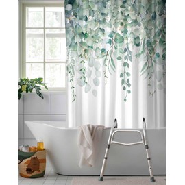 Sage Green Eucalyptus Leaves Split Shower Curtain for Transfer Bench, Watercolor Leaf Washable Fabric Bathroom Curtain Spring Nature Plants Bath Curtain with 2 Vertical Away Slits, 12 Hooks, 72''x72''