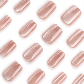 Press on Nails Medium Square Nude Pink Cat Eye Fake Nails Silver Glitter Designs Acrylic Nails Press ons Bling Full Cover Stick Glue on Nails for Women Girls 24 Pcs