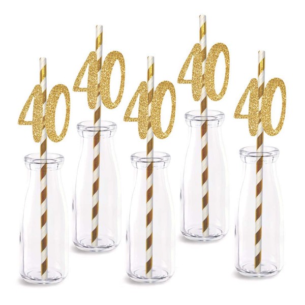 40th Birthday Paper Straw Decor, 24-Pack Real Gold Glitter Cut-Out Numbers Happy 40 Years Party Decorative Straws