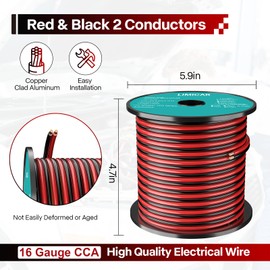 16 Gauge Wire, 100FT 2 Conductor CCA Red & Black Low Voltage Cable, Flexible PVC Electrical Wire for 12V/24V DC LED Strips, Speaker, Automotive, Trailer, Audio