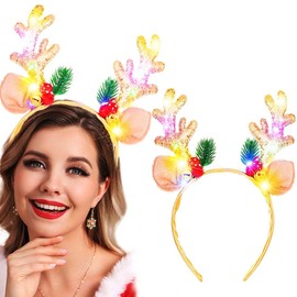 Reaky Light Up Christmas Headband Led Gold Reindeer Antlers HeadbandChristmas Accessories for Women (Gold, One Size)