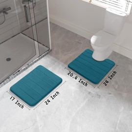 Yimobra Memory Foam Bath Mat Set, 2 Piece Soft Bathroom Rugs,17x24 and 24x20.4 U-Shaped Bathroom Rugs, Toilet Mat, Water Absorption, Non Slip, Thick, Dry Fast for Bathroom Floor Mats, Peacock Blue