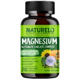 NATURELO Magnesium Glycinate Chelate Complex - 200 mg Magnesium with Organic Vegetables to Support Sleep, Calm, Muscle Cramp & Stress Relief - Gluten Free, Non GMO - 240 Capsules
