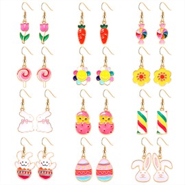 12 Pairs Easter Earrings for Women Enamel Bunny Drop Earrings Cute Rabbit Dangle Earrings Colorful Egg Earring Set Easter Theme Jewelry, Zinc, crystal