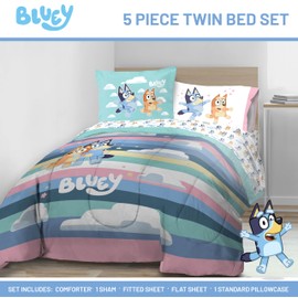 Jay Franco Bluey Twin Size Comforter Set - 5 Piece Bedding Includes Sheet Set & Pillow Covers - Super Soft Cozy Striped Bedding