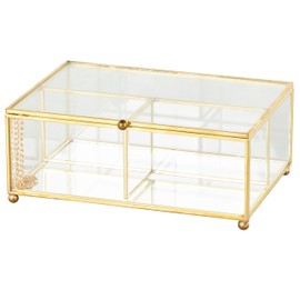 Deco 79 Glass Decorative Jewelry Box 3 Slot Jewelry Organizer with Gold Metal Frame and Chain Accent, Jewelry Holder 7" x 5" x 3", Clear