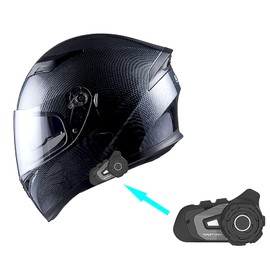 1Storm Motorcycle Full Face Dual Visor Helmet Bundle with Freedconn Spoiler Bundle with Freedconn Motorcycle Bluetooth Headset: HJK316 Carbon Fiber Black