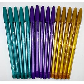 Bic Cristal 1.0mm Medium Ballpoint Pens - Assorted Colours Pack of 15 (Gold, Turquoise, Purple)