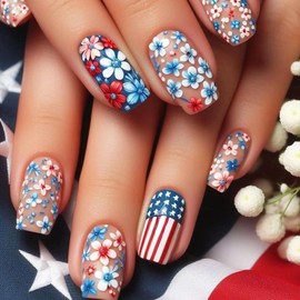 4th of July Press on Nails Medium Square Fake Nails Red Blue Flowers Design Matte Glue on Nails American Flag False Nails Independence Day Stick on Nails for Women Girls 24Pcs