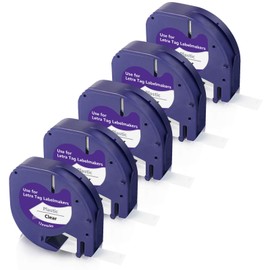 Meritom Compatible Clear Label Tape for DYMO LetraTag Tape 12267 S0721530 Plastic 12mm x 4m Black on Transparent, Letratag Refills for Dymo LetraTag LT-100H LT-100T LT-110T 200B XR XM QX50, 5 Pack