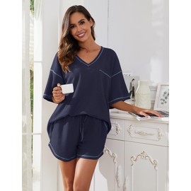 Becotal Pajama Sets for Women 2 Piece Short Matching Lounge Set Sleep Loungewear Pj Set Summer Spring Waffle Knit Short Sleeve Top and Shorts Navy S