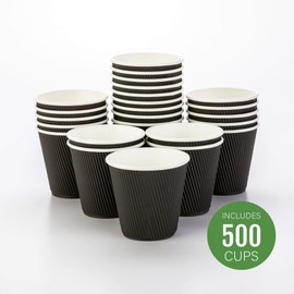 500-CT Disposable Black 8-OZ Hot Beverage Cups with Ripple Wall Design: No Need for Sleeves - Perfect for Cafes - Eco-Friendly Recyclable Paper - Insulated - Wholesale Takeout Coffee Cup