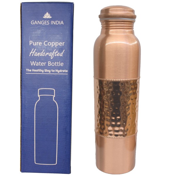 Gangesindia Pure Copper Hammered Water Bottle, Vintage Design Joint free