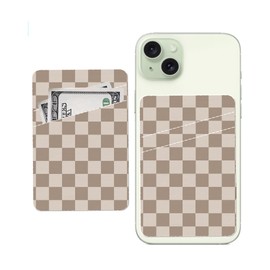 AWHSCP Phone Card Holder, Cute Leather Phone Wallet Stick On, Dual Pocket Credit Card Sticky Wallet, Compatible with Most of Cell Phone, Cute Checkerboard