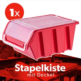 KADAX Stacking Box with Lid, Storage Box Made of PP Plastic, Visual Storage Box in Various Sizes and Colours, Storage Boxes with Flap for Tool Wall (Red, 1 Piece - 230 x 160 mm)
