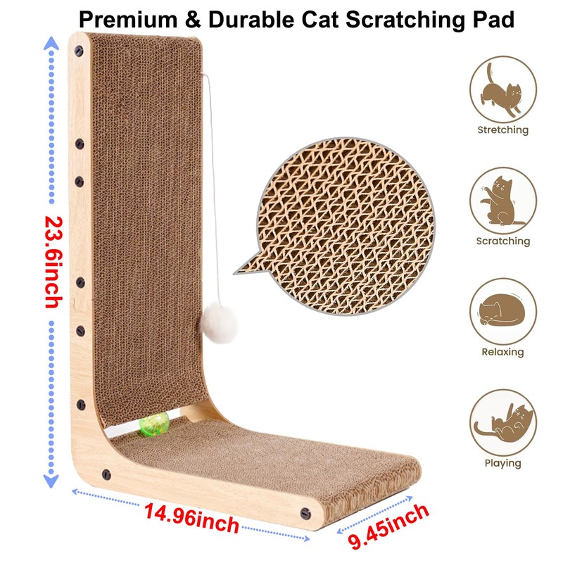 L-Shaped Cardboard Cat Scratcher 2-Pack 23.6 Inch Board with Ball