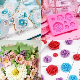 KXJHY 2Pcs Silicone Rose Flowers Molds Set Non-Stick BPA Free Baking Candy Silicone Jelly Pudding Candy Molds Bakeware Set Ice Cube Tray Chocolate Candy Moulds Kit for Weeding Party Decoration