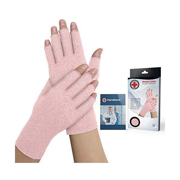 Doctor Developed Pink Ladies Arthritis Compression Gloves and Doctor Written Handbook - Relieve Arthritis Symptoms, Raynauds, Disease & Carpal Tunnel (One Pair) (Medium)
