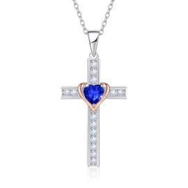 Calliora Birthstone Cross Necklace for Women, 925 Sterling Silver Heart Cross Pendant Necklace, Fine Cross Jewelry Birthday Gifts for Her, 18"+2" Inches