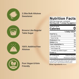 NatureBell Allulose Sweetener, 2.5 Lbs | Keto & Vegan-Friendly, White Sugar Substitute | 0 Calorie, 0 Sugar, 0 Net Carb, Non-Glycemic, Browns Like Table Sugar | Bulk Supply for Baking & Beverages