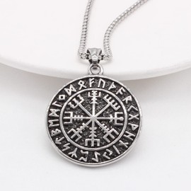 Viking Compass Necklace for Men Women,Norse Runes Compass Pendant Jewelry Nordic Myth Mythology Protection Necklace,60cm Chain Vintage Necklace Runic Circle Charm Christmas Jewelry Gift for Women Men, Zinc, No Gemstone