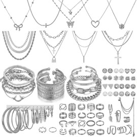 PNYFIL 99 Pcs Silver Plated Jewelry Set for Women - Includes 9 Layered Necklaces, 16 Bracelets, 43 Hoop/Stud/Cuff Earrings & 22 Silver Rings | Complete Jewelry Pack, Ideal Birthday Gift
