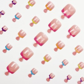 French Tip Press on Toe Nails Rose Pink Fake Toe nails with Colorful Designs False Toenails Square Glue on Toenails Yellow Blue Stick on Toe Nails Glossy Acrylic Toenails Full Cover Artificial Toenail