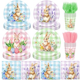 144Pcs Bunny Plates and Napkins - Colorful Gingham Spring Floral Rabbits Themed Dinnerware Set for Happy Easter Party Decorations