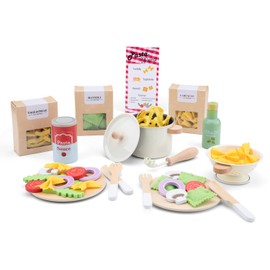 Woet® – Cibo Giocattolo Pasta Set in Legno per Bambini – Alimenti Giocattolo con Pentole, Padelle e Pasta in Feltro – Giocattolo di Imitazione – A Partire da 3 Anni – Regalo per Bambini e Bambine