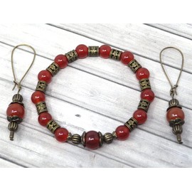 Vintage Art Bracelet and Earring Set for Women in Red Carnelian