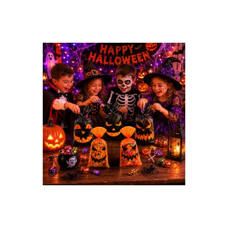 180pzs Bolsas de Dulces Halloween Cara de Calabaza Negro y