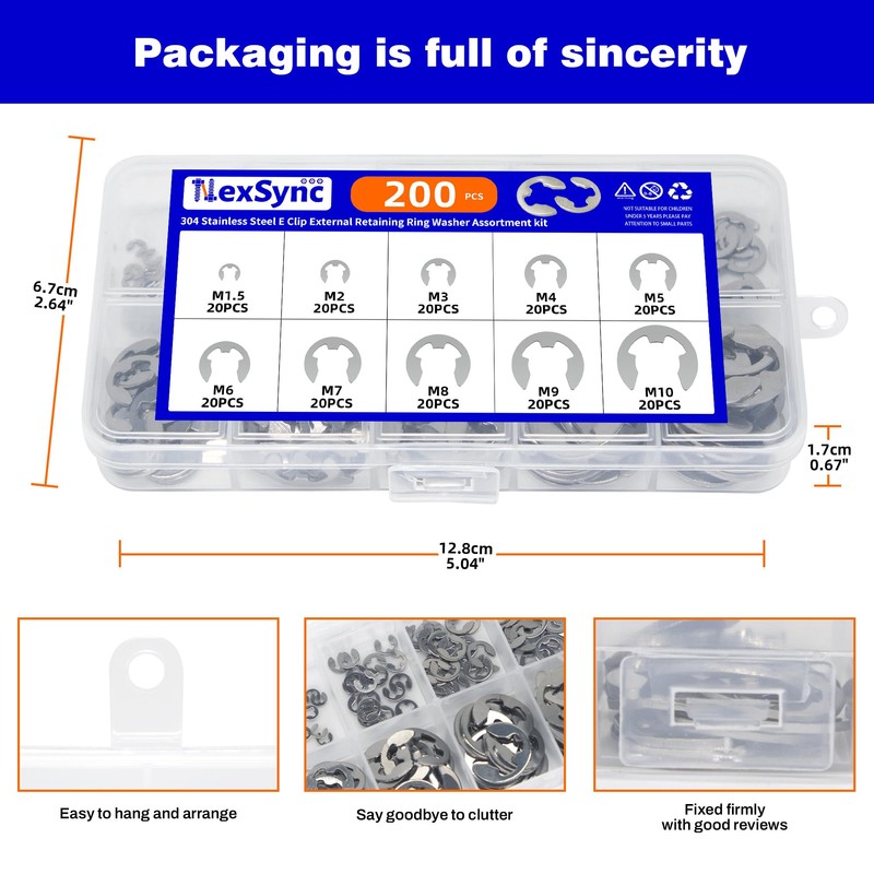 NexSync 200-Piece Metric E-Clips Assortment Kit,304 Stainless Steel External Retaining