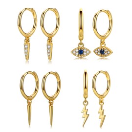 CERSLIMO Gold Dainty Dangle Huggie Hoop Earrings for Women Girls, S925 Sterling Silver Drop Earrings | 14K Gold Plated Small Minimalist Geometric Spike Evil Eye Lightning Bolt Dangle Earrings