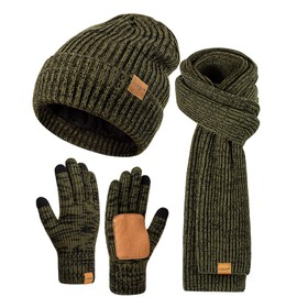 Winter Hat Gloves Scarf Set for Men Women, Mens Beanie with Fleece Lined Long Thick Scarf Touchscreen Gloves for Cold Weather, 3 in 1 Warm Gift Set(Mix-Army)