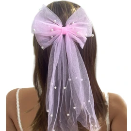 LERTREEUK Pearl Bow Hair Clips Bridal Veil Wedding Tulle Large Bow with Clip Bowknot Spring Snap Hair Barrettes for Women (Pink)